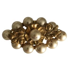 Vintage Bold Edwardian Rare Dimensiona Pearl Brass Floral Stamping Center Pin